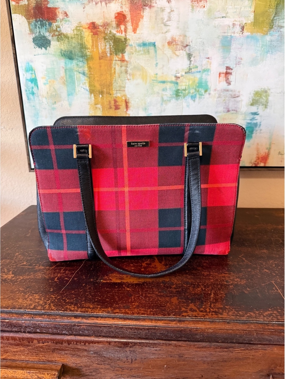 Kate Spade New York Red Black Plaid Tartan Large Tote Handbag